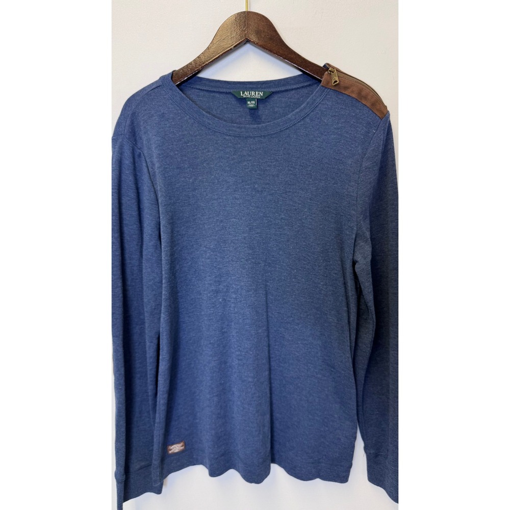 Lauren Ralph Lauren Blue Knit Top XL‎ Long Sleeve Elbow Patches Shoulder Zip
